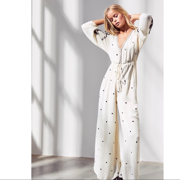 FREE PEOPLE EMBROIDERED V-NECK WIDE LEG JUMPSUIT - Picture 14 of 14